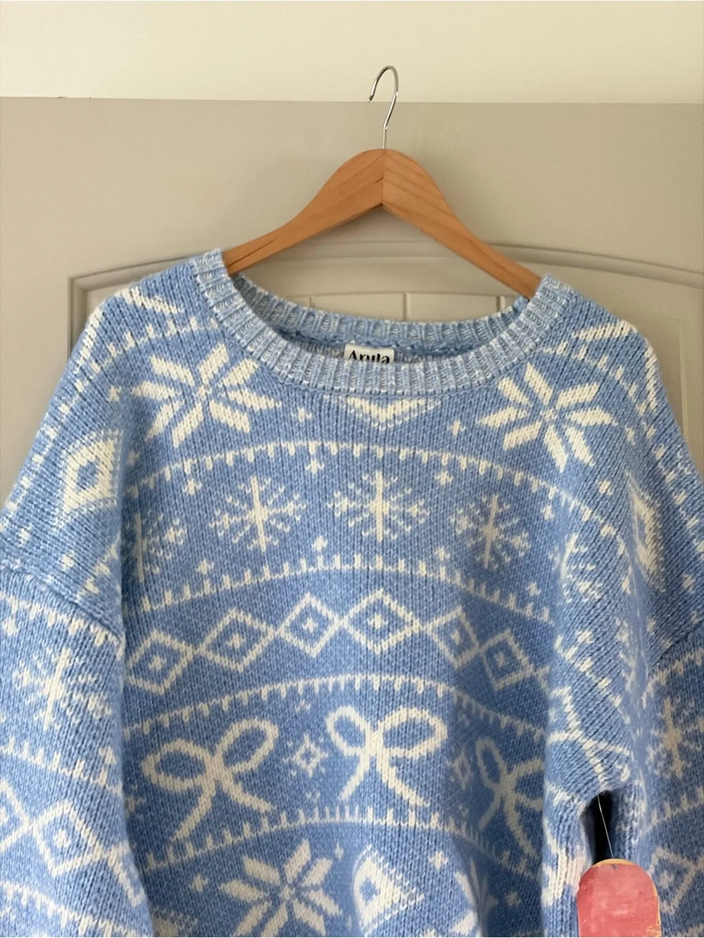 Arula NWT Blue White Bow Snowflake Fair Isle Sweater X / XL Xquisite - Picture 4 of 8